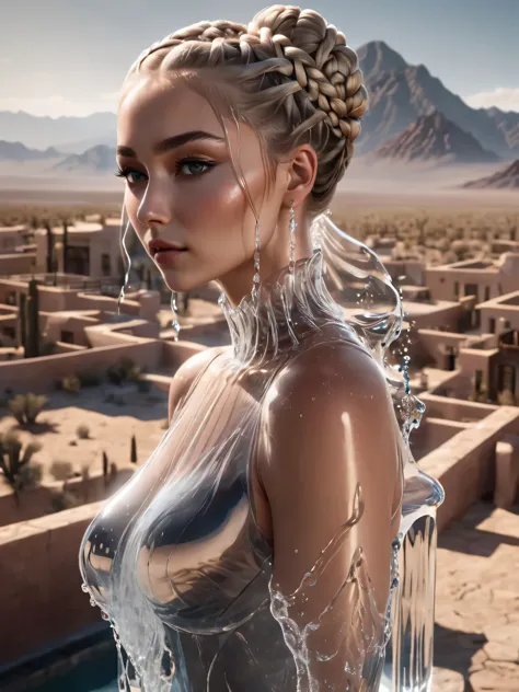 breathtaking beautiful woman wearing a (water dress) arching in new vegas, crane shot, from above, [full body],
braided bun,
ash...