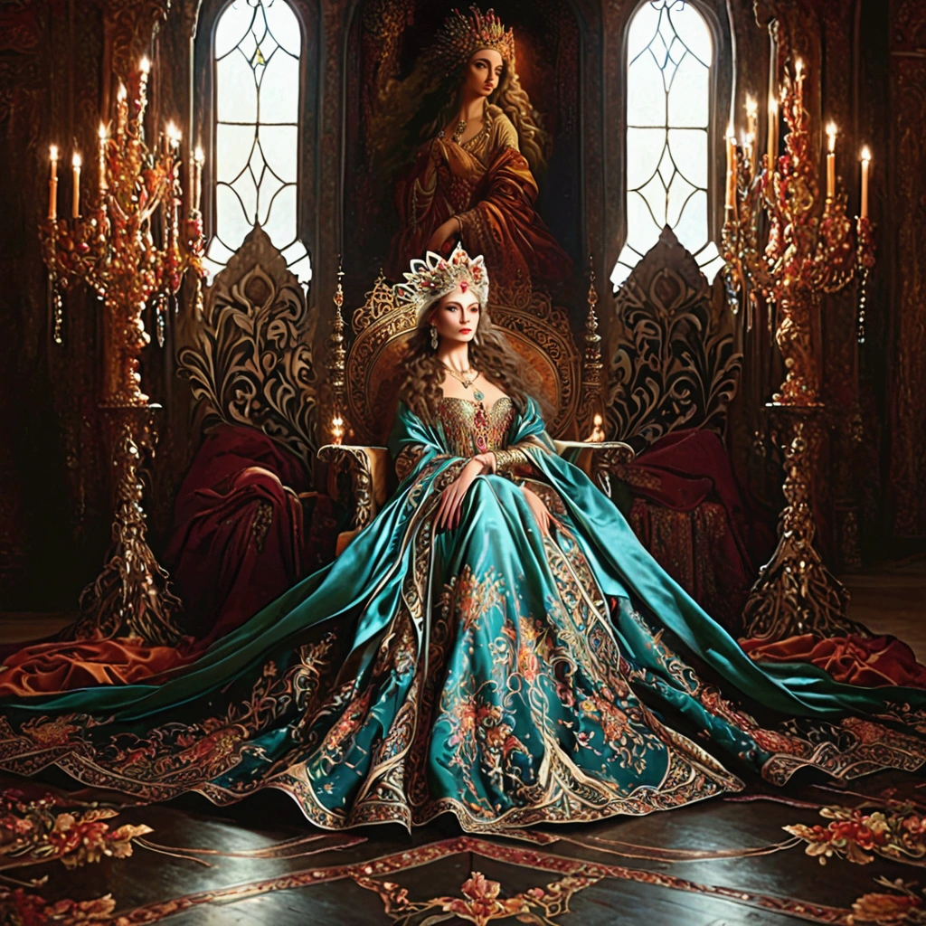 beautiful detailed eyes, beautiful detailed lips, extremely detailed eyes and face, long eyelashes, 1 empress, intricate headdress, ornate jewelry, elegant dress, flowing robes, majestic pose, regal expression, Renaissance style, oil painting, cinematic lighting, warm color palette, chiaroscuro, photorealistic, 8k, best quality, masterpiece