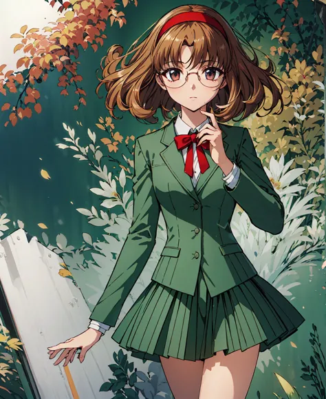 phoenix temple fuu,one girl,short hair,light brown hair,glasses,((red hairband)),green blazer,mini skirt,masterpiece,noise reduc...