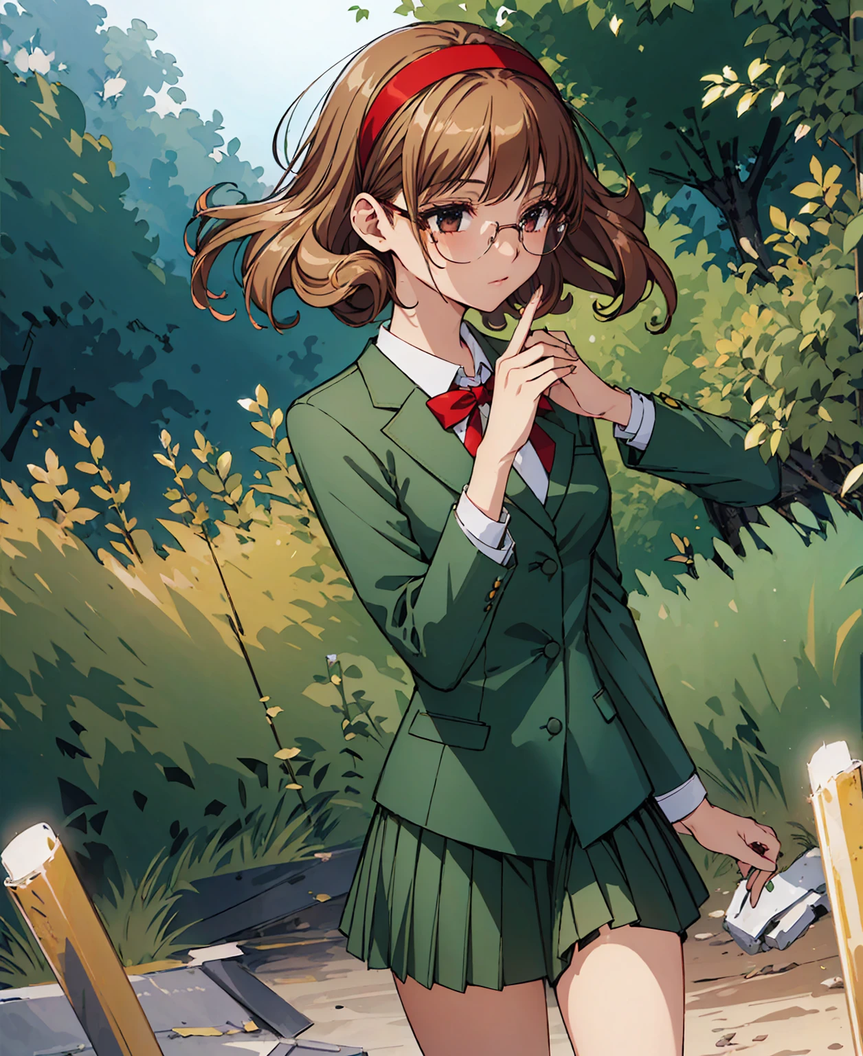 Phoenix Temple Fuu,One girl,short hair,Light brown hair,Glasses,((Red Hairband)),Green blazer,mini skirt,masterpiece,Noise Reduction,Perfect Anatomy,High resolution, Very detailed,Game CG,Dutch Angle ,Beautiful attention to detail,Visual Arts,Five Fingers, Perfect hands, Perfect lighting,