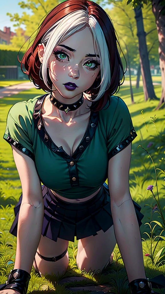 (masterpiece, best quality, ultra-detailed), 1girl, RogueXME, two-tone hair, (red hair), white bangs, green eyes, purple makeup, purple lipstick, choker, studded collar, medium breasts, green shirt, black skirt, mini skirt, all fours, grass, trees