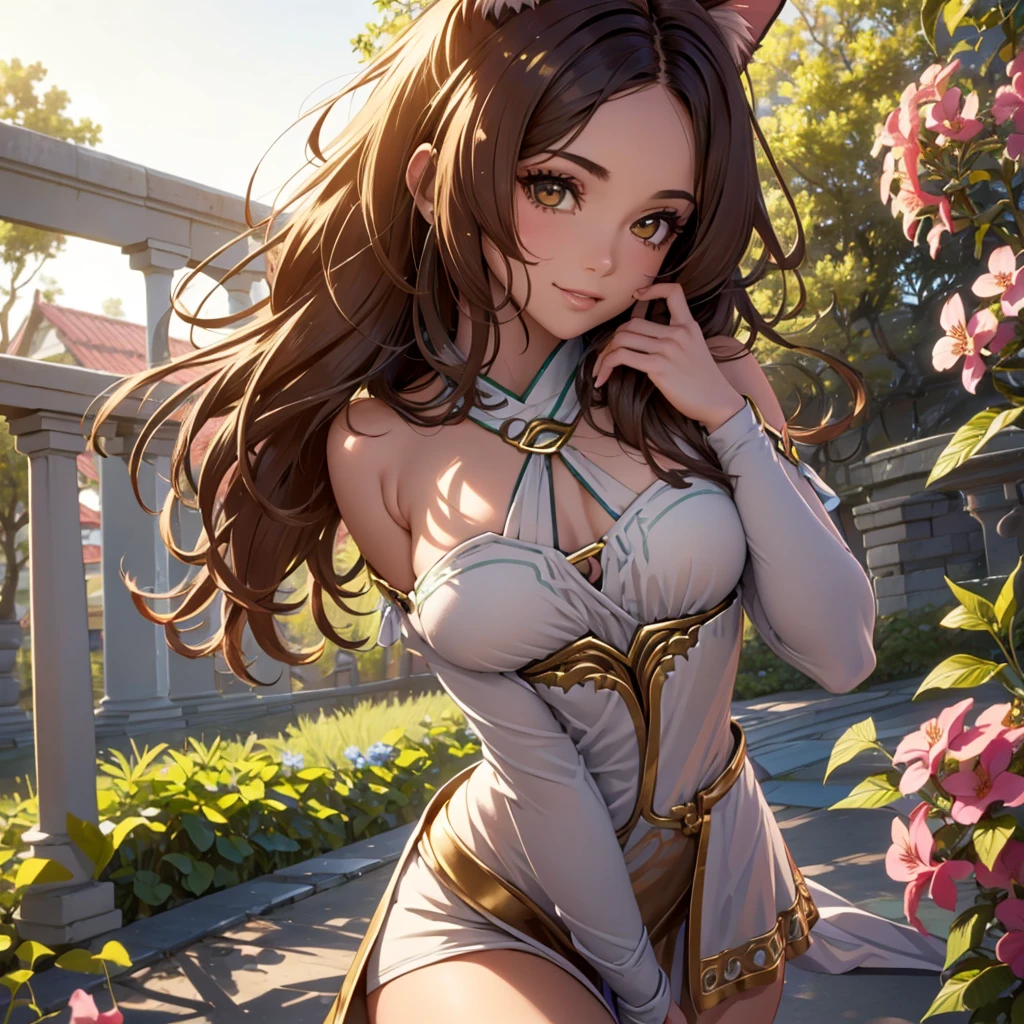 (best quality,4k,8k,highres,masterpiece:1.2),ultra-detailed,(realistic,photorealistic,photo-realistic:1.37),acrylic painting,beautiful Brazilian model in pink outfit with downy hair,beautiful Brazilian model with extremely colorful brown hair and detailed facial features,beautiful Brazilian model standing in a beautiful garden surrounded by a starry sky,brown hair,beautiful Brazilian model with intricate accessories,cat ears, ,beautiful Brazilian model with long flowing twintails,beautiful Brazilian model with bright brown eyes and rosy lips,beautiful Brazilian model with a joyful expression,beautiful Brazilian model in a dynamic pose with cherry blossoms falling around her,beautiful Brazilian model surrounded by colorful flowers and butterflies,beautiful Brazilian model with an enchanting smile,beautiful Brazilian model with soft, pastel-colored shading,beautiful Brazilian model with a magical glow illuminating her,beautiful Brazilian model in a picturesque setting with a winding path leading to a magnificent castle,beautiful Brazilian model with a fairytale-like background,beautiful Brazilian model with a soft, dreamy atmosphere,beautiful Brazilian model with a subtle bokeh effect,beautiful Brazilian model standing under a sunny sky,beautiful Brazilian model with a warm, golden sunset in the background,beautiful Brazilian model surrounded by twinkling stars and colorful nebulae,creating an ethereal and captivating artistic masterpiece, facing camera, up close, face only, dress outfit, thigh up close up