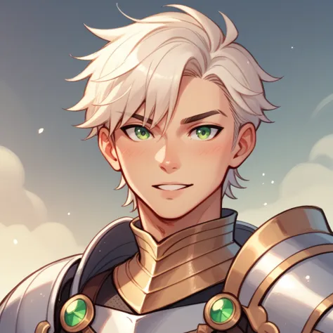 ((cartoon style ))human male , wearing armor gold knight, whiter hair , solo , green pupils