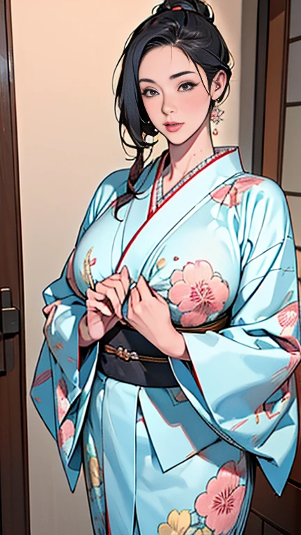 1，Japanese hairstyle，Photorealism，detailed，masterpiece，mature，((full))， (Broad shoulders), ((Huge))，Plus size mature women，expensive，30 years old，Pretty face, (Plump woman)，Beautiful long-sleeved kimono，kimono，Hold your chest with both hands:1，high quality，Are standing，High Resolution 4K Information,Kyoto,
