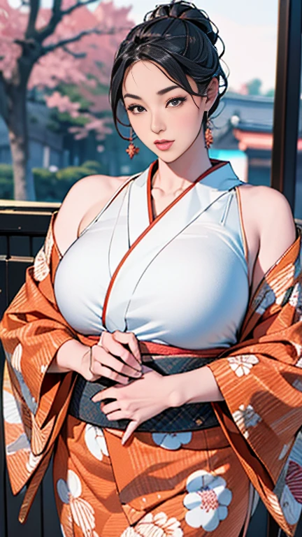 1，Japanese hairstyle，Photorealism，detailed，masterpiece，mature，((full))， (Broad shoulders), ((Huge))，Plus size mature women，expensive，30 years old，Pretty face, (Plump woman)，Beautiful long-sleeved kimono，kimono，Hold your chest with both hands:1，high quality，Are standing，High Resolution 4K Information,Kyoto,
