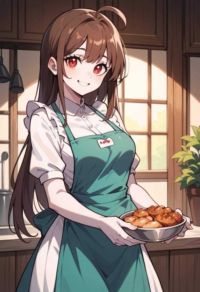 1girl, beautiful girl, brown hair, red eyes, bangs, ahoge, long hair, white skin, medium breast, cute outfit, wear apron, smile