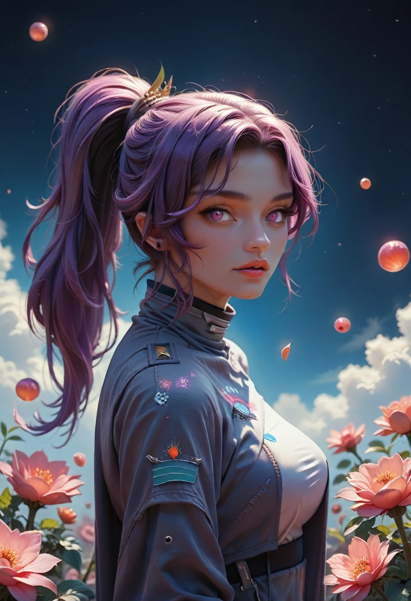 ((masterpiece, Best quality)), (negative space: 1.2), (1 girl, One: 1.4), petals, Pink eyes, dragon girl, long, purple hair, high ponytail, thin hair, flowers, Dragon Background