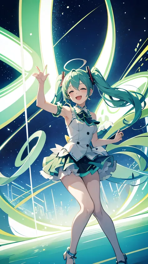 hatsune miku in a lively concert venue, with a spectacular and colorful backdrop. miku was singing her favorite song with great ...