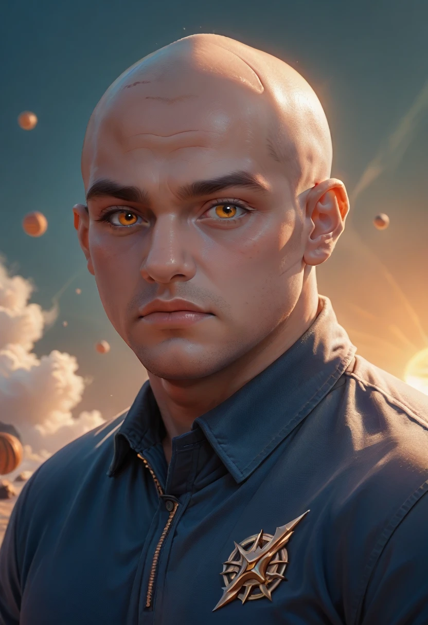 orange00d, (art by jason rhodes:1.2), Aerial photo of a chubby male investigator, Bald Hair Curly Style, Solar, caustic, Заставка League of Legends, trending on artstation, 