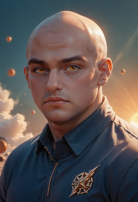 orange00d, (art by jason rhodes:1.2), aerial photo of a chubby male investigator, bald hair curly style, solar, caustic, заставк...