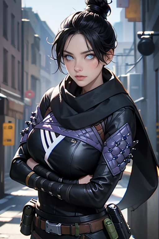 Foto de corpo inteiro, wraith (apex legends), Breasts huge, athletic body, 1 girl, solo, hair bun simples, hair bun, scarf, holding, breasts big, Bblack hair, black scarf, breasts big, blue colored eyes, bangss, bangss distributed, Hair behind the ear, mitts, piercing no nariz, mitts pretas