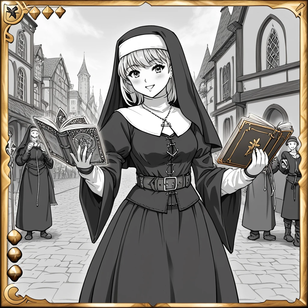 Medieval Europe，During the day，A nun in black and white monastic robes，Holding a short staff，A book hangs on the belt，Strolling the city streets。Mid-ground composition，Anime style，Game illustration style，Magic style，Suitable for card illustrations。