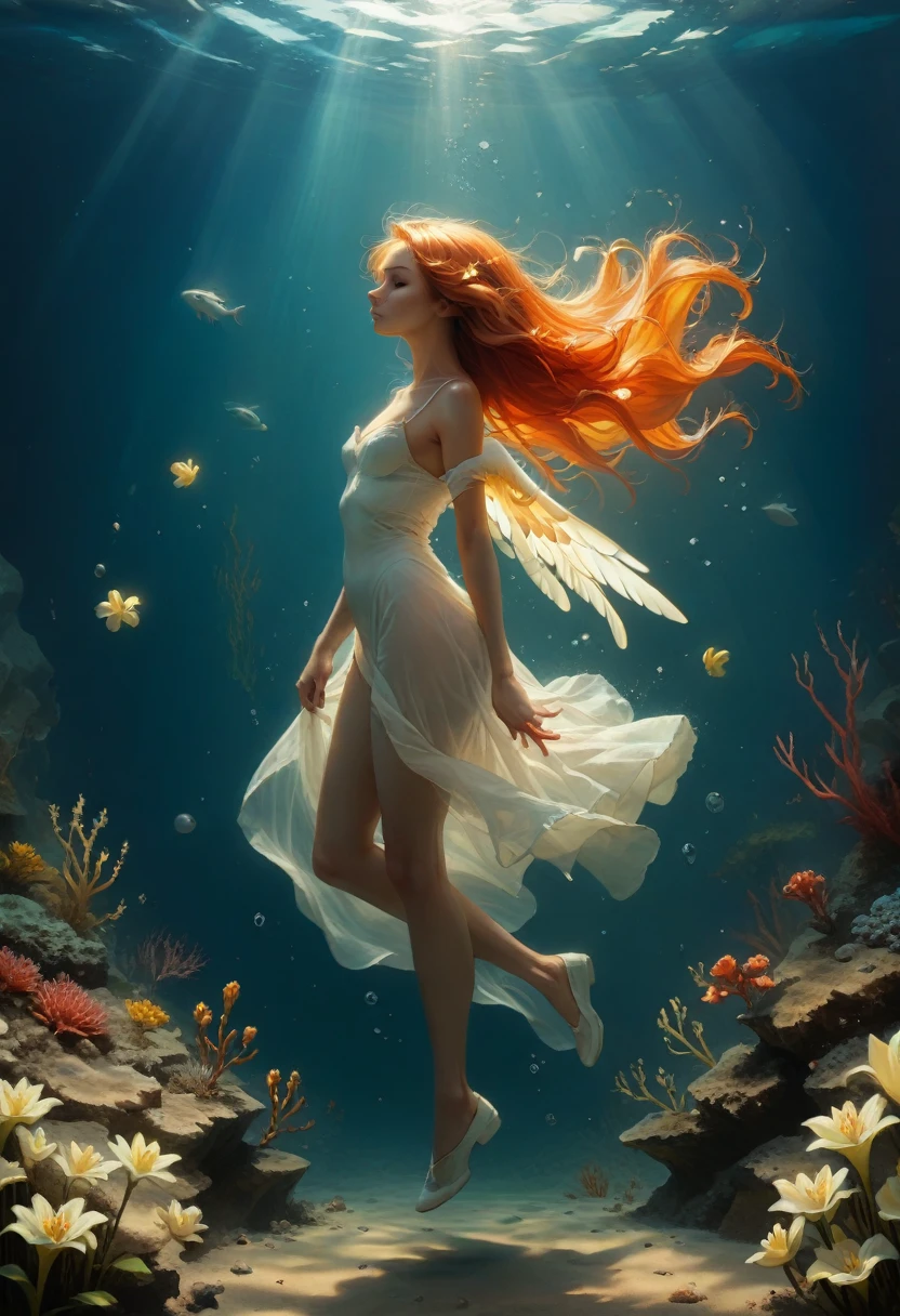 Girl underwater, long red flowing hair, Angel wings, orange-yellow and white lily flowers