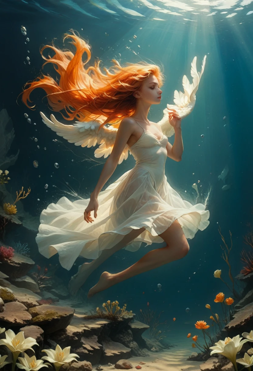 Girl underwater, long red flowing hair, Angel wings, orange-yellow and white lily flowers