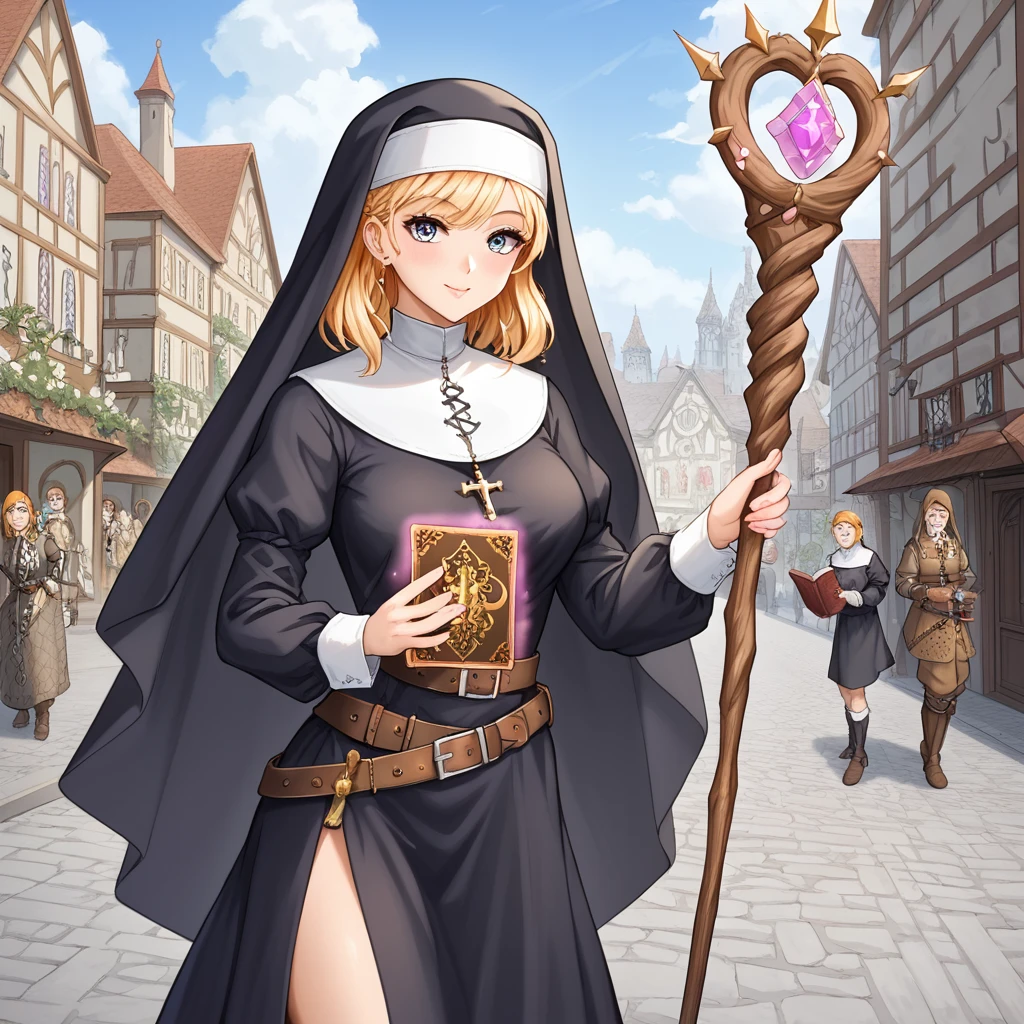 Medieval Europe，During the day，A nun in white monastic robes，Holding a short staff，A book hangs on the belt，Strolling the city streets。Mid-ground composition，Anime style，Game illustration style，Magic style，Suitable for card illustrations。