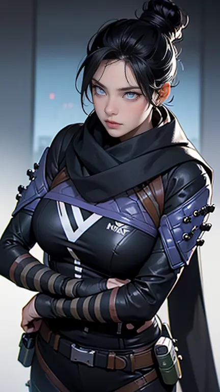 foto de corpo inteiro, wraith (apex legends), breasts huge, athletic body, 1 girl, solo, hair bun simples, hair bun, scarf, hold...