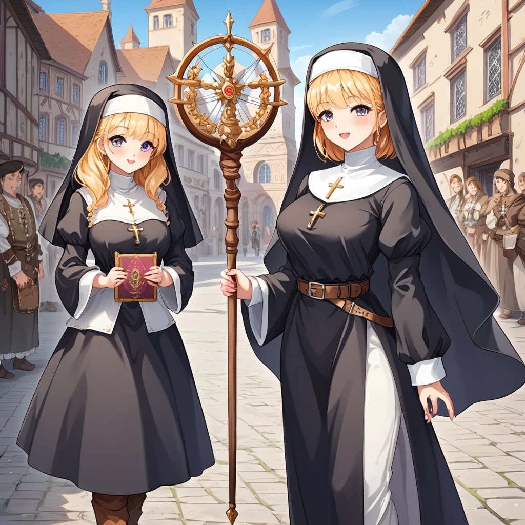 Medieval Europe，During the day，A nun in white monastic robes，Holding a short staff，A book hangs on the belt，Strolling the city streets。Mid-ground composition，Anime style，Game illustration style，Magic style，Suitable for card illustrations。