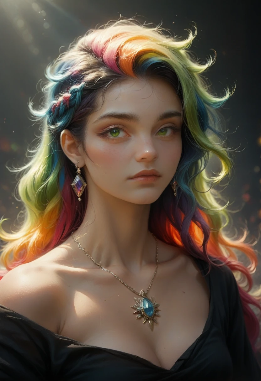 Close-up of a woman with colorful hair and necklace, Anime girl with space hair, soft vitality Rossdraws, work in Gouves style, fantasy art style, colorful], bright fantasy style, Ross draws a cartoon full of vitality, universe and colorful, Gouvez, colorful digital fantasy art, amazing art style, beautiful anime style, White skin, Hulk clothes