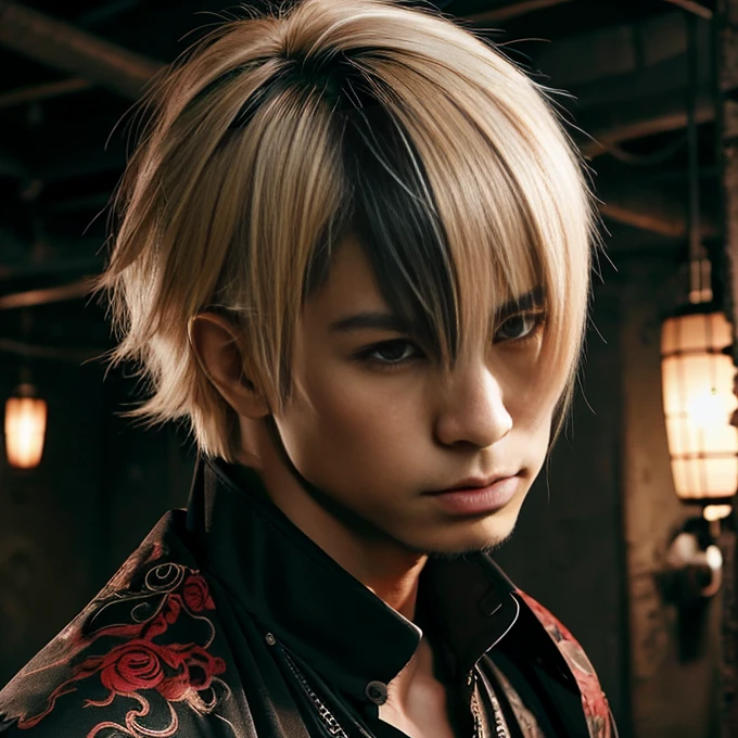 1 man, Japanese man, male, Asian eyes, muscular, broad shoulders, dragon,hairstyle Visual Kei style, hair Visual Kei, black men's shirt and black pants, ultra detailed face, hyperrealistic, realistic representation, 30 years old!,age 30 years! Blonde hair