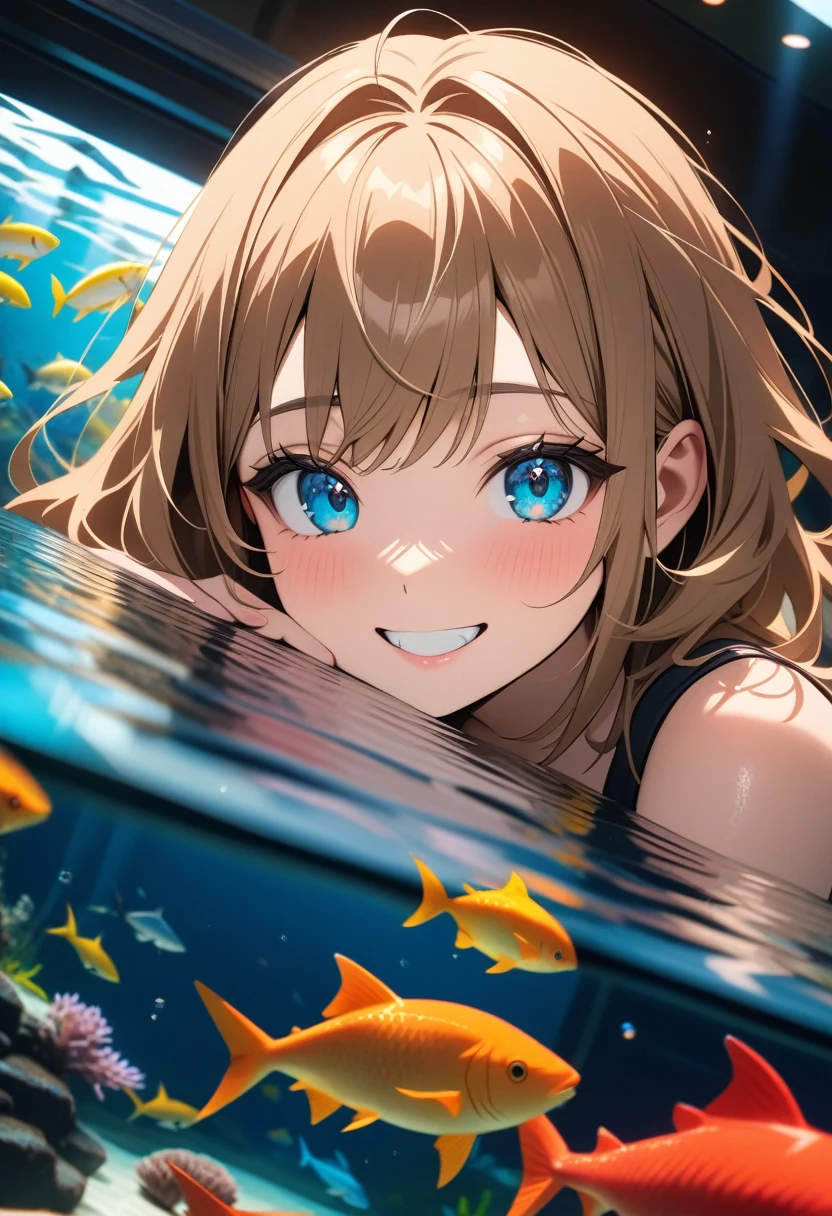 1 girl, (beautiful girl), cute girl, smiling, fluffy hair, 
light reflecting in the eyes, (detailed beautiful eyes), 
at aquarium, large aquarium tank, shark and beautiful fishes, 
((very detailed, ultra-high resolution, absurdres, highres, masterpiece, best quality, very aesthetic, fine texture, newest, perfect lighting, best shadow, sharp focus, high color saturation)), (anatomically correct, perfect hands), (professional photography), ((anime art style)), great lighting, 