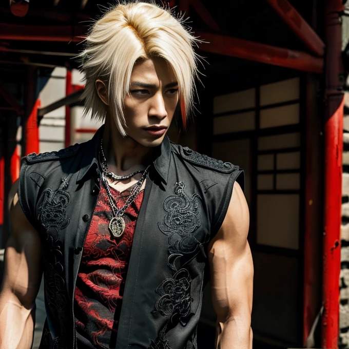 1 man, Japanese man, male, Asian eyes, muscular, broad shoulders, dragon,hairstyle Visual Kei style, hair Visual Kei, black men's shirt and black pants, ultra detailed face, hyperrealistic, realistic representation, 30 years old!,age 30 years! Blonde hair