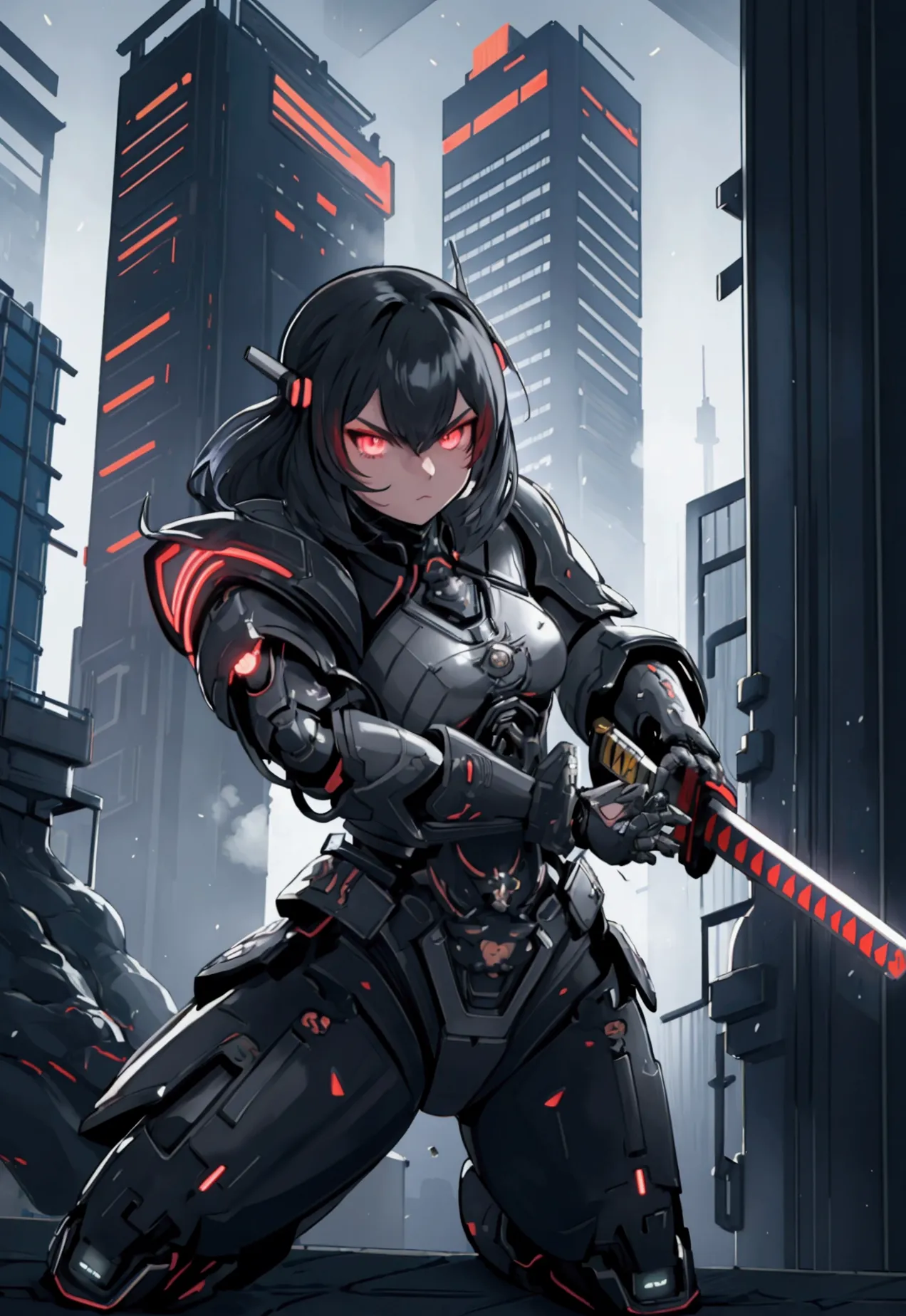 a futuristic neotokyo setting with neon lights and towering skyscrapers. a cyborg samurai stands tall, wearing sleek armor with ...