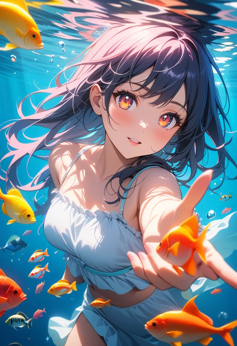 1 girl, (the girl in the water:1.4), (beautiful girl, detailed beautiful face, beautiful shining eyes, messy hair), 
deep sea, plenty of colorful fishes, view in the water, 
((very detailed, ultra-high resolution, absurdres, highres, masterpiece, best quality, very aesthetic, fine texture, newest, perfect lighting, best shadow, sharp focus, high color saturation)), (anatomically correct, perfect hands), (professional photography), ((anime art style)), great lighting, 
ray tracing, dynamic angle, 