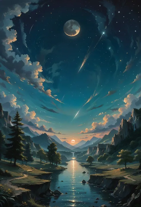 a highly condensed beauty dressed in a painting of stars and moons in the river and sky, concept art inspired by tosa mitsuoki, ...