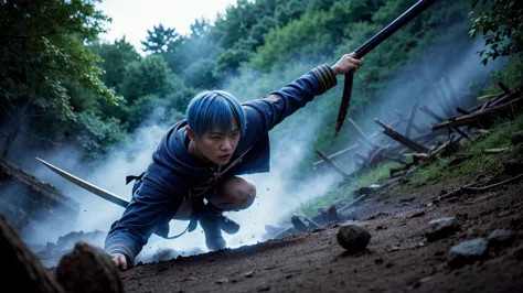 a young japanese man, around 20 years old, with vibrant blue hair, engaged in a fierce battle against a grotesque goblin, resemb...