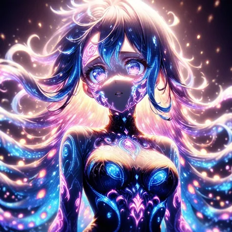 close-up of face、artistic anime illustration of a woman with glowing flame tentacle tattoos on her face。 the tattoo on his face ...