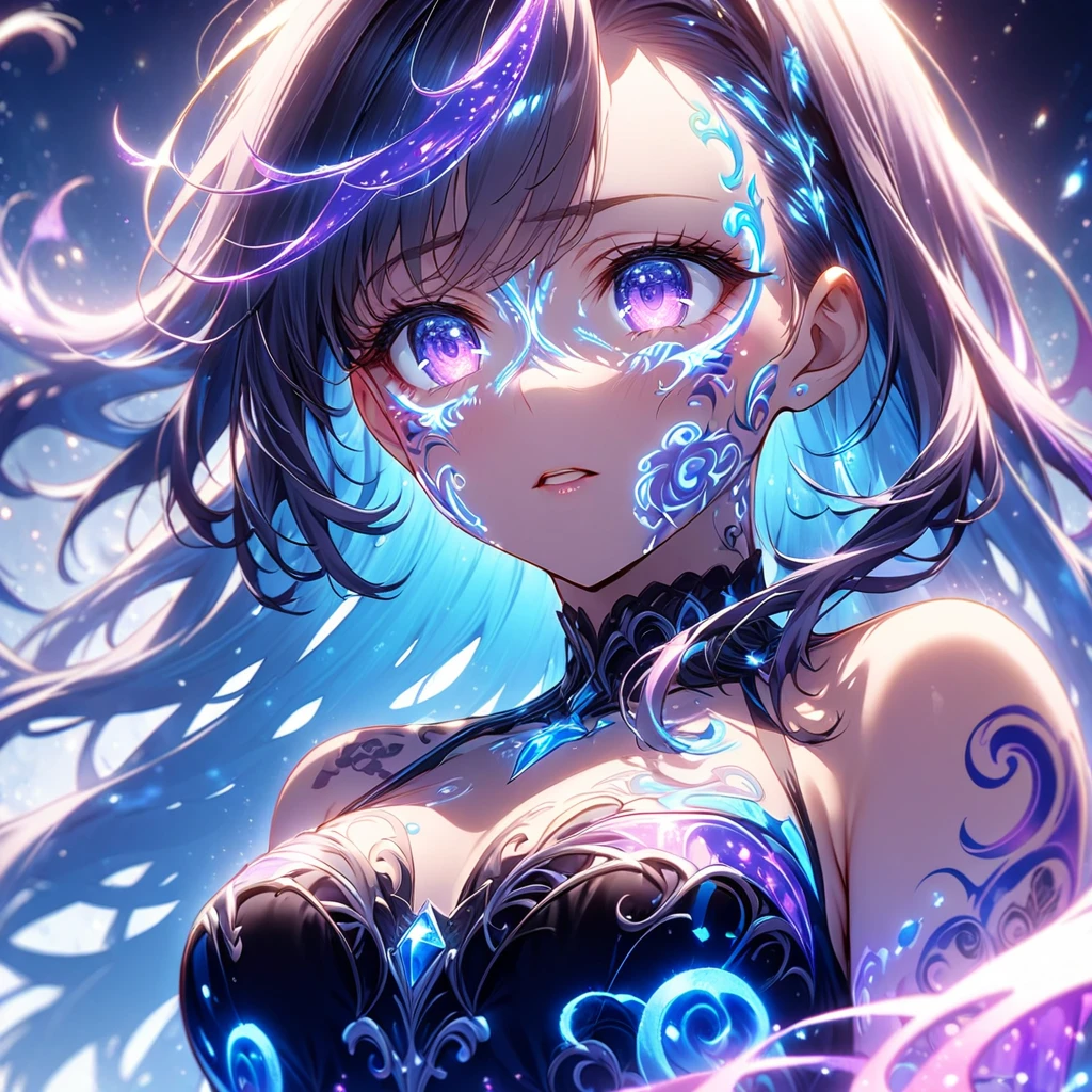 Close-up of face、Artistic anime illustration of a woman with glowing flame tentacle tattoos on her face。 The tattoo on his face is a mix of purple and dark.、It emits light。 The girl has long, flowing hair.、She is wearing a white off-the-shoulder, stomach-flattering dress.、This scene has a dreamy soft focus effect.、 It emphasizes the fantastic shine of the tattoo.、