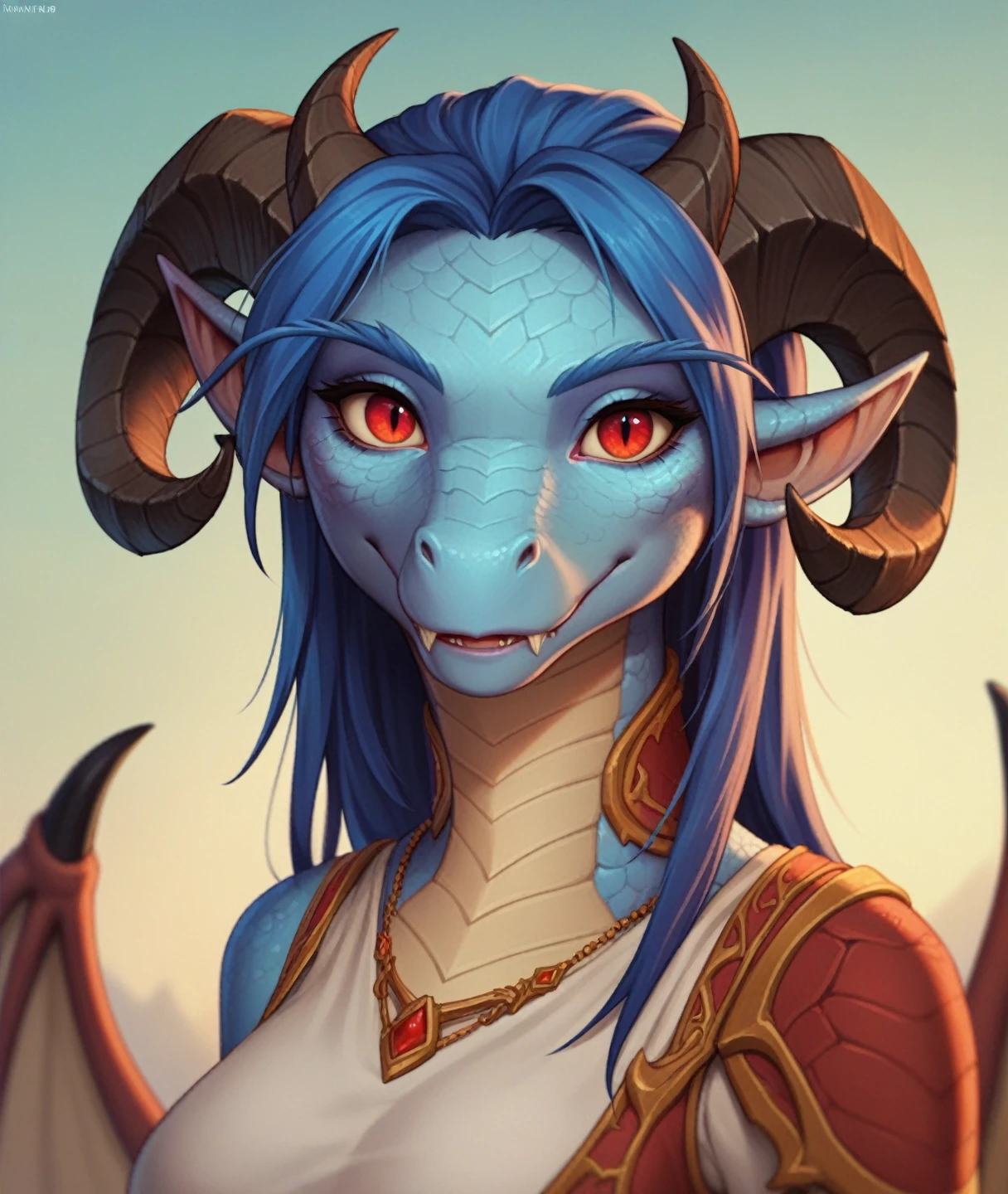 score_9,score_8_up,score_7_up, source_anime, Anthro, dracthyr, world of warcraft, female, dragon, red eyes, horns, blue scales, black horns, blue hair