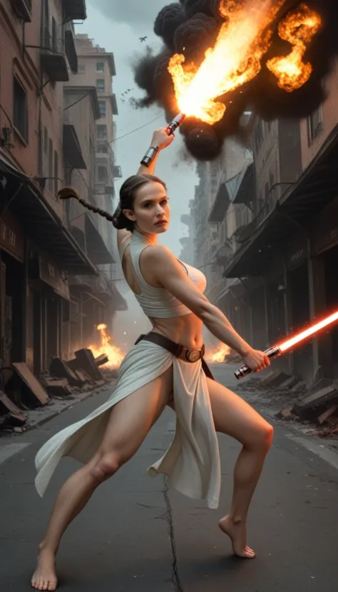 padme amidala, in fighting pose, holding a lightsaber, wears a jedi clothes, cleavege, mid shot, voluptuous legs,  belly is expo...