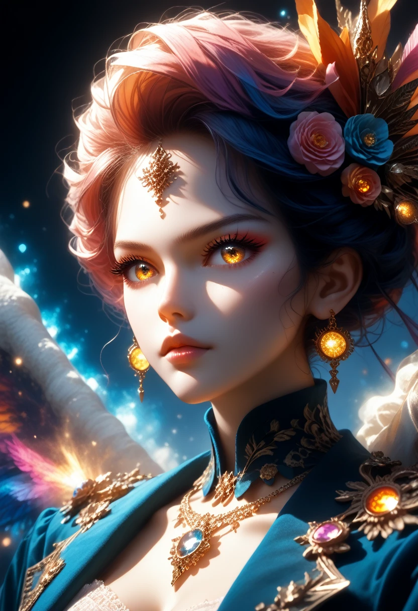 Close-up of a woman with colorful hair and necklace, Anime girl with space hair, Rossdraws Soft Brightness, Works in the style of Guviza, fantasy art style, colorful], bright fantasy style, cosmic and colorful, Gouvez, colorful digital fantasy art, amazing art style, beautiful anime style, White skin, Night coat,full height,, Beautiful Bridge Background Captivates the Viewer,Shine, sexy, chic,Wide Format Image Capture,The Whole Picture, A game of shadows, Clear colors, masterpiece, Full Detailing of the Details, sparks, divinity, score_9,score_8_up,score_7_up,dramatic lighting,highly detailed,high budget,bokeh,cinemascope,moody,epic,gorgeous,film grain,grainy,masterpiece,best quality,perfect anatomy,very aesthetic,official art,8k,