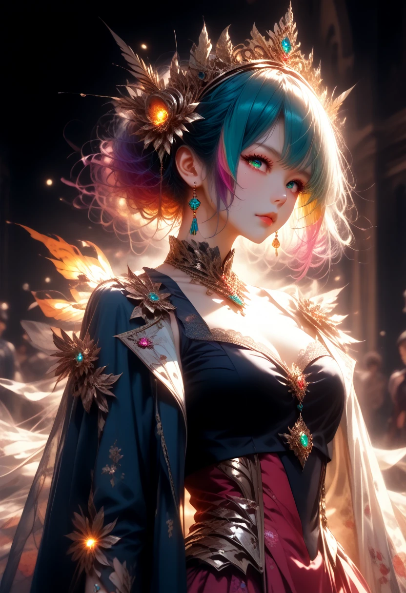 Close-up of a woman with colorful hair and necklace, Anime girl with space hair, Rossdraws Soft Brightness, Works in the style of Guviza, fantasy art style, colorful], bright fantasy style, cosmic and colorful, Gouvez, colorful digital fantasy art, amazing art style, beautiful anime style, White skin, Night coat,full height,, Beautiful Bridge Background Captivates the Viewer,Shine, sexy, chic,Wide Format Image Capture,The Whole Picture, A game of shadows, Clear colors, masterpiece, Full Detailing of the Details, sparks, divinity, score_9,score_8_up,score_7_up,dramatic lighting,highly detailed,high budget,bokeh,cinemascope,moody,epic,gorgeous,film grain,grainy,masterpiece,best quality,perfect anatomy,very aesthetic,official art,8k,