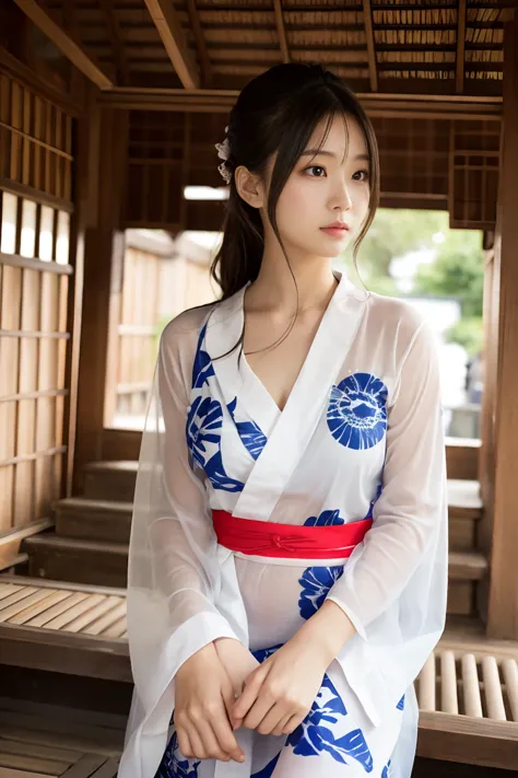 beautiful girl wearing a plain white yukata、ultra-thin see-through yukata、the yukata is still on.、you can see through your skin