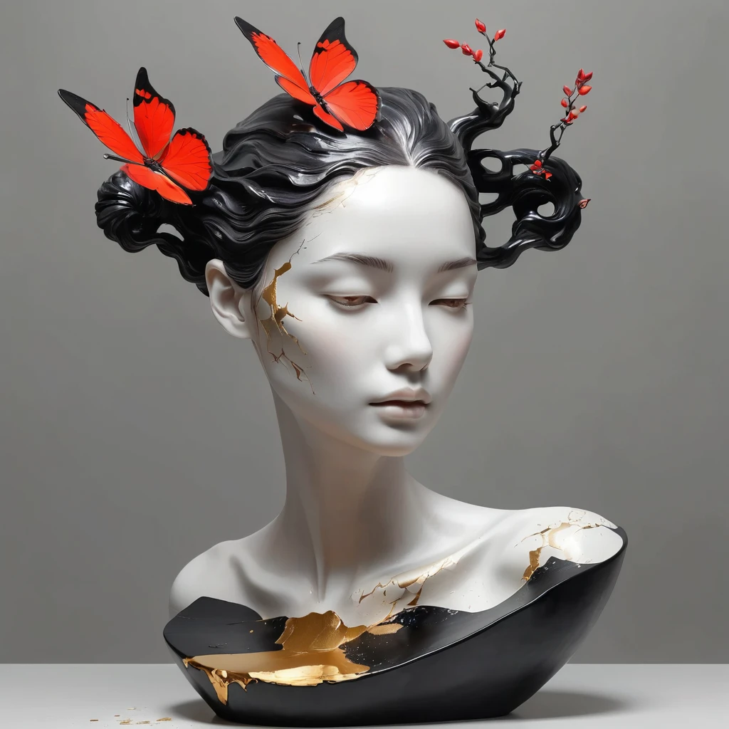 ((Exhibition, Still life table, Art statues, 3D sculpture, Ceramics, Cracked surface, Broken texture)), Mercy, thin neck, Show the beauty of nature. Black and red theme, Kane, gold powder, This work is presented on a gray background.., art, Highlight its artistic qualities. Ray tracing, style, beautiful,
