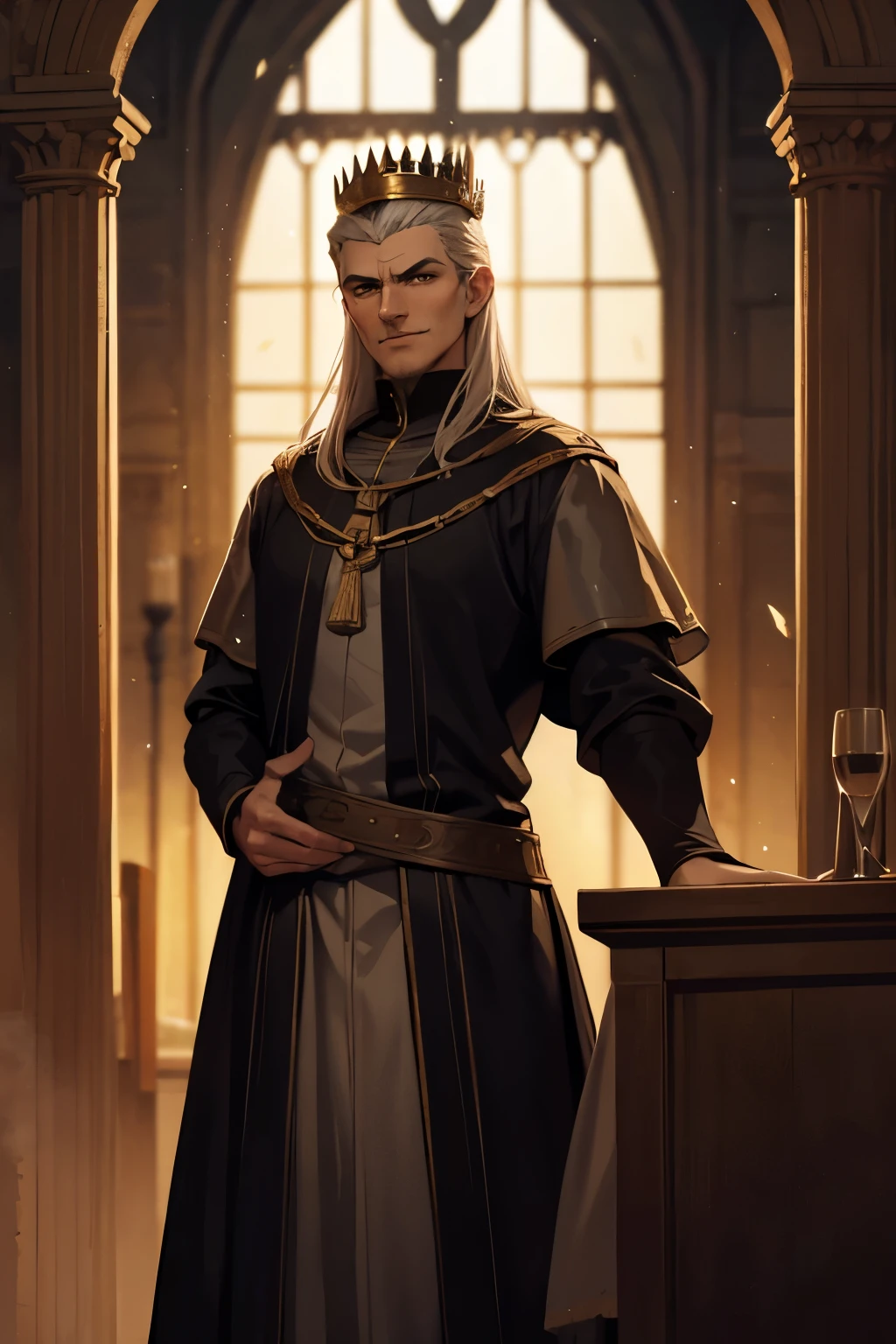 medieval king, crown, standing in dimly-lit medieval study, 40 years old, clean-shaven, casually dressed, evil smirk, EVIL