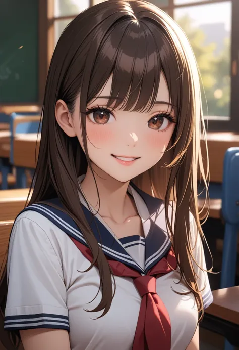 1 girl, (portrait of a beautiful japanese girl), (high school girl, gal:1.3), 
(long hair, brown hair), (dark brown inner hair),...