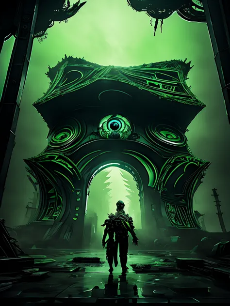 a gigantic floating cuboid structure with dark, twisting tentacles, radiating an intense green light from the circular patterns ...