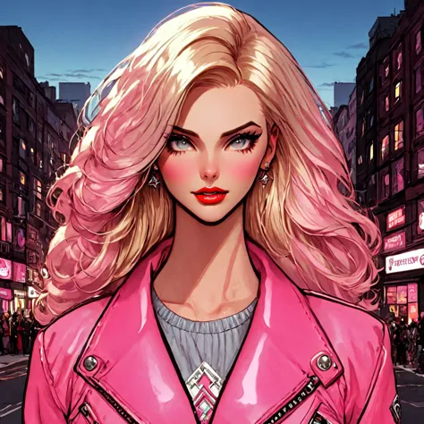 beautiful maiden, long blonde hair, pink jacket, aesthetic, intricate city background, citypunk, pinkcore, cool vibes, hyperdeta...