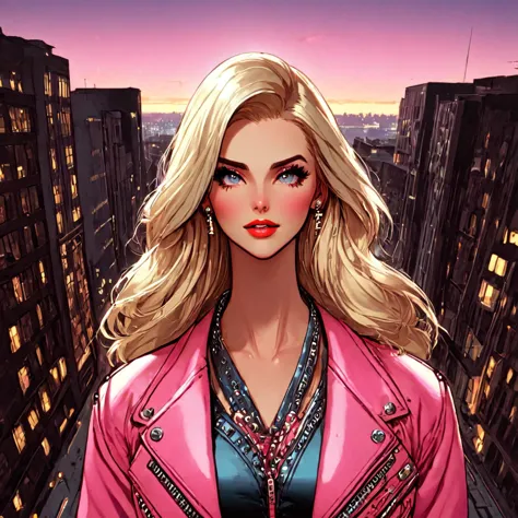 beautiful maiden, long blonde hair, pink jacket, aesthetic, intricate city background, citypunk, pinkcore, cool vibes, hyperdeta...