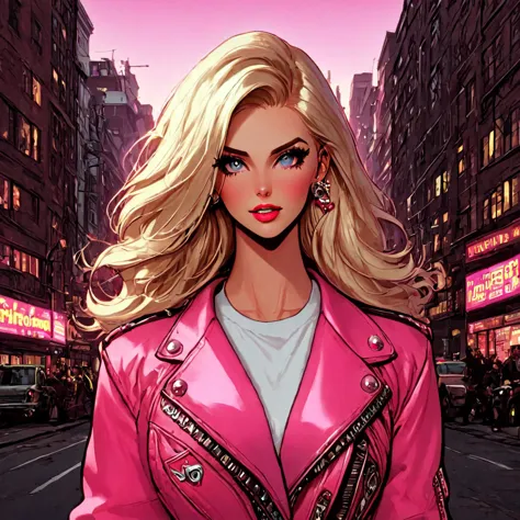 beautiful maiden, long blonde hair, pink jacket, aesthetic, intricate city background, citypunk, pinkcore, cool vibes, hyperdeta...