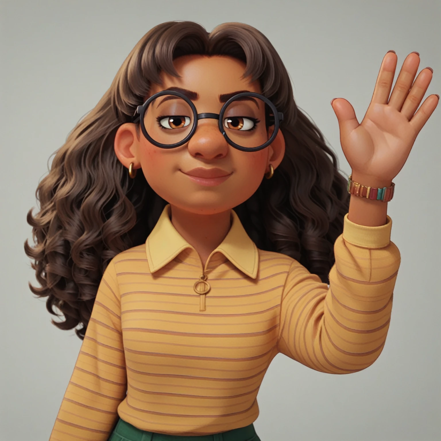 Priya Mangal 

P_m , 1girl, dark skin , brown hair, wavy hair, brown eyes , glasses, earringsstriped shirt, 
serious expression ,

score_9, score_8_up, score_7_up, score_6_up, score_5_up, score_4_up

at school,

Full body view, smiling, looking at viewer, waving,