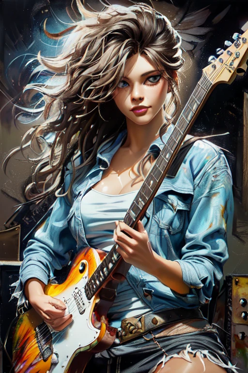 a painting of a woman with a guitar in her hands, guitarist, the girl plays the guitar, realistic oil paint, extremely high quality artwork, beautiful realistic painting, painting of beautiful, realistic oil painting, dreamy rock girl, rocking out, realistic painting, james gurney painting style, karol bak uhd, realistic cute girl painting, detailed realistic painting, incredible painting, 8k