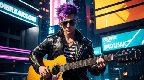 the character is a teenager with a vibrant hairstyle, green and mohawk, wearing a black outfit with blue details. he has a pair ...