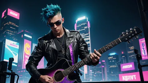 the character is a teenager with a vibrant hairstyle, green and mohawk, wearing a black outfit with blue details. he has a pair ...