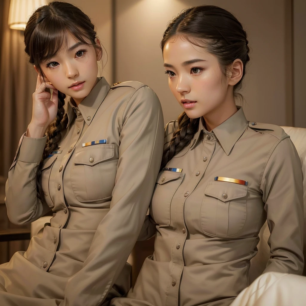 A beautiful young Japanese girl in tidy police uniform, her hair neatly styled, slender and  physique, (best quality,4k,8k,highres,masterpiece:1.2),ultra-detailed,(realistic,photorealistic,photo-realistic:1.37),detailed intricate dress, detailed facial features, delicate feminine expression, serene atmosphere, soft lighting, muted color palette, elegant composition