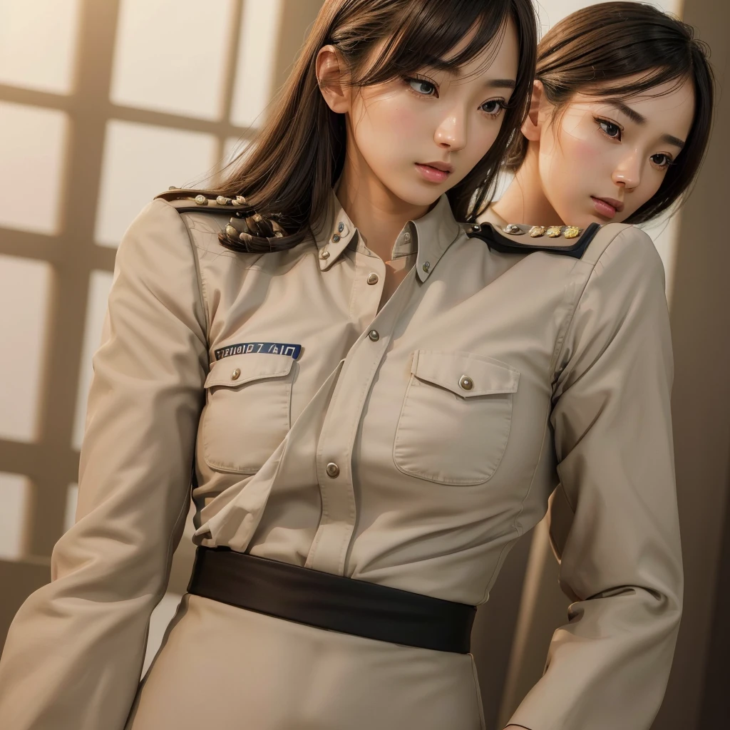 A beautiful young Japanese girl in tidy police uniform, her hair neatly styled, slender and  physique, (best quality,4k,8k,highres,masterpiece:1.2),ultra-detailed,(realistic,photorealistic,photo-realistic:1.37),detailed intricate dress, detailed facial features, delicate feminine expression, serene atmosphere, soft lighting, muted color palette, elegant composition