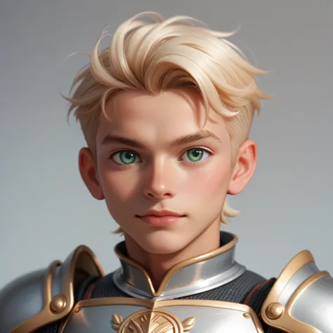 (( toon style ))human male , wearing armor gold knight, whiter hair , solo , green pupils